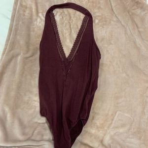 Maroon halter top body suit with lace details!